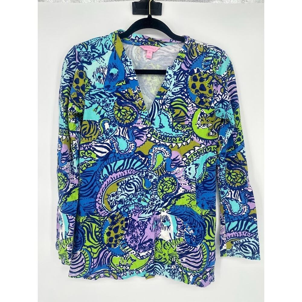 LILLY‎ PULITZER Odette Cattitude Knit Tunic Top Cat Tiger Colorful Artsy Size XS